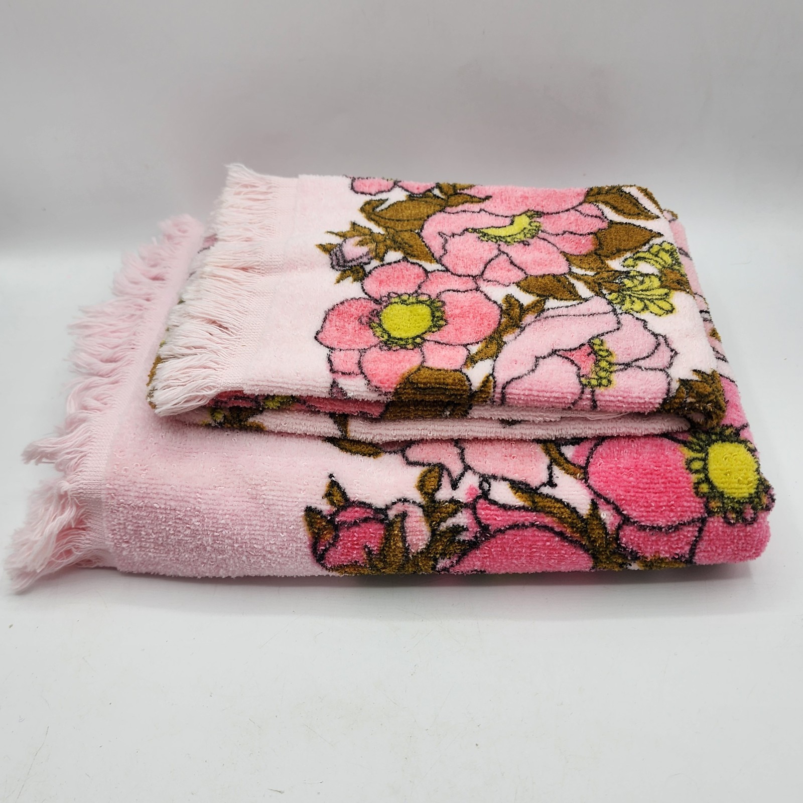 Vtg Cannon Royal Family Pink Roses Floral Fringe Bath Towel Set All Cotton USA