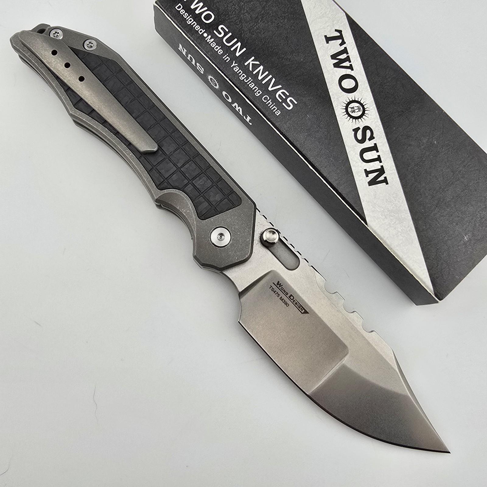 TwoSun TS475 Folding Knife M390 Titanium Frag Carbon Fiber Frame Lock Flipper