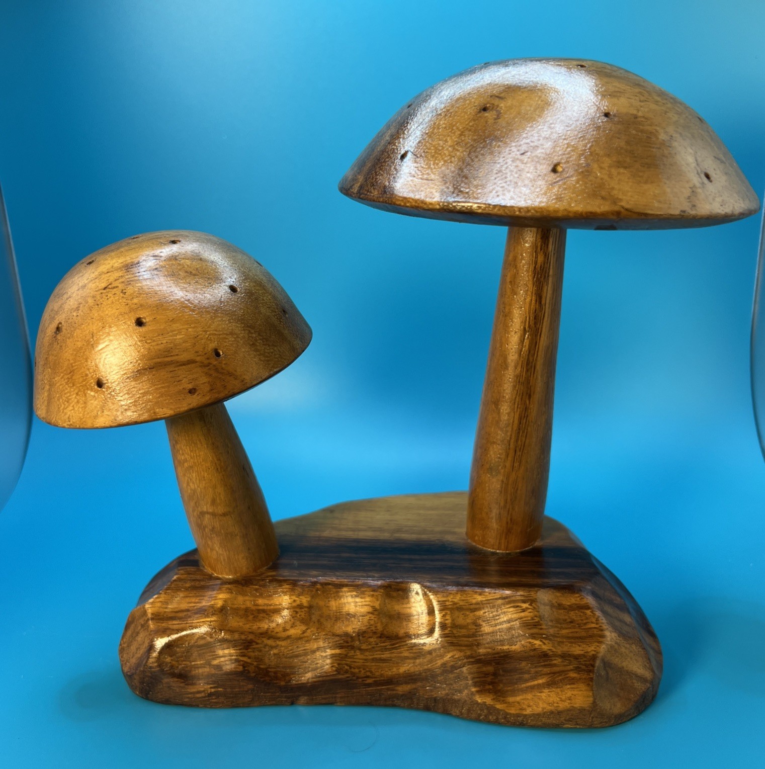 Vintage Mushroom Hors D'oeuvres Holder Dolpfin Genuine Monkey Pod Wood MCM 7.5”