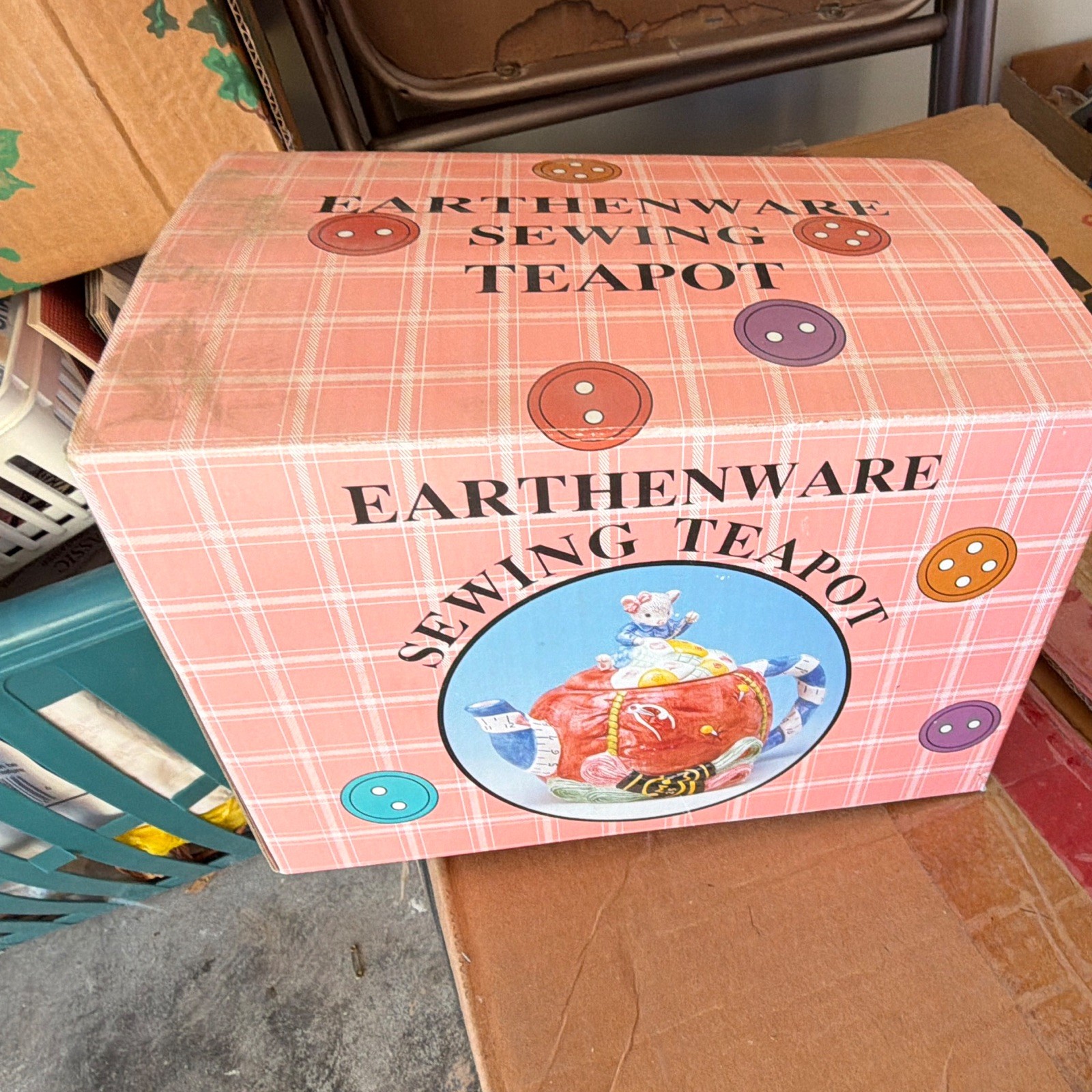Vtg Lefton Earthenware Sewing Basket Teapot Mouse NOS Mint New In Original Box