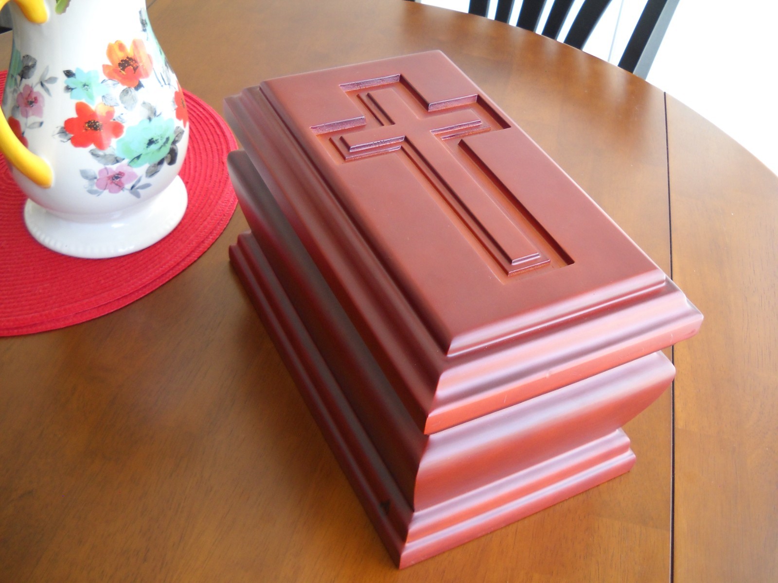 Large Wooden Cremation Urn for Human Ashes. Adult Funeral Box With Carved Cross