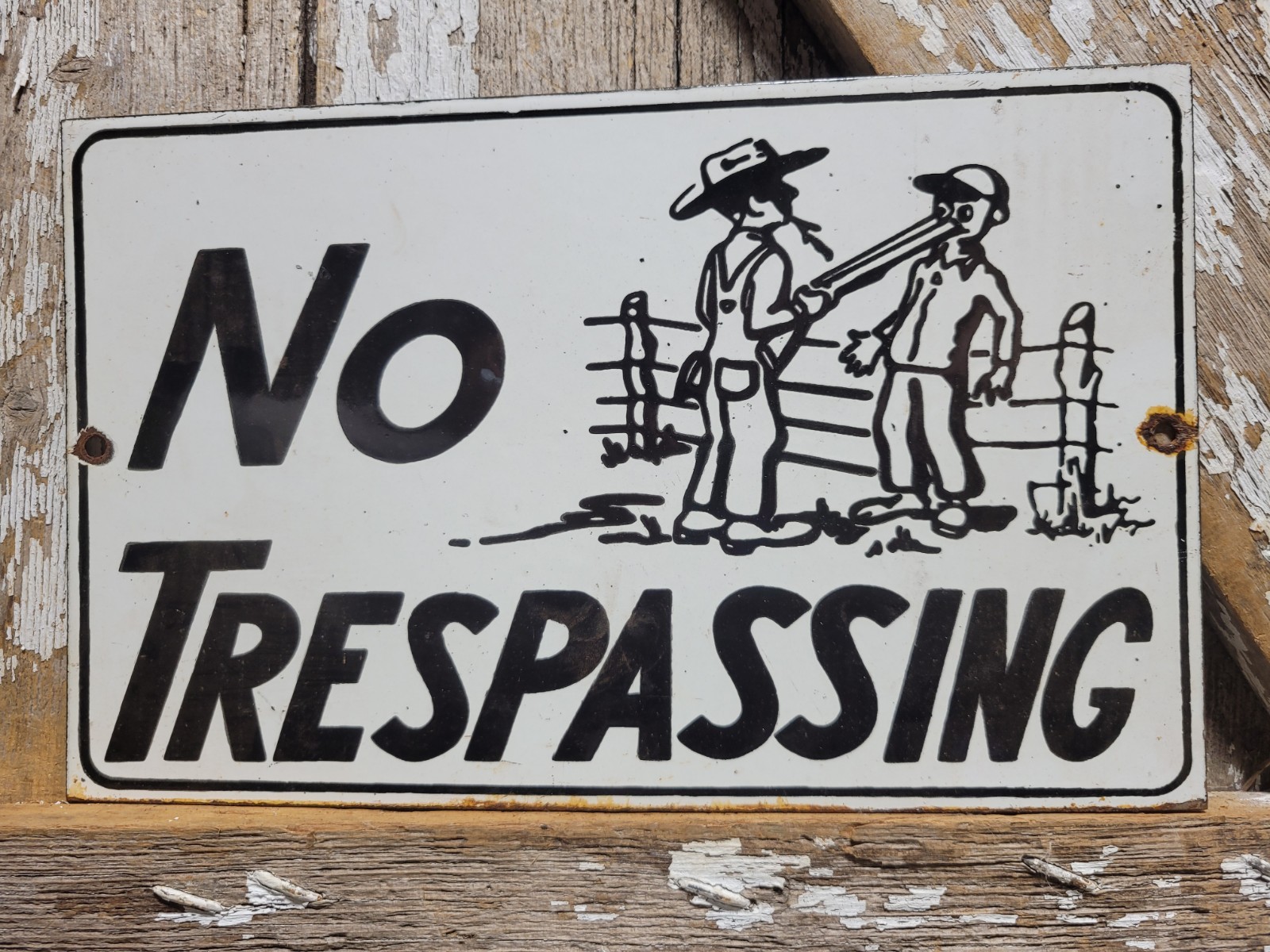 VINTAGE NO TRESPASSING PORCELAIN SIGN OLD FARM RANCH PRIVATE PROPERTY AMERICANA