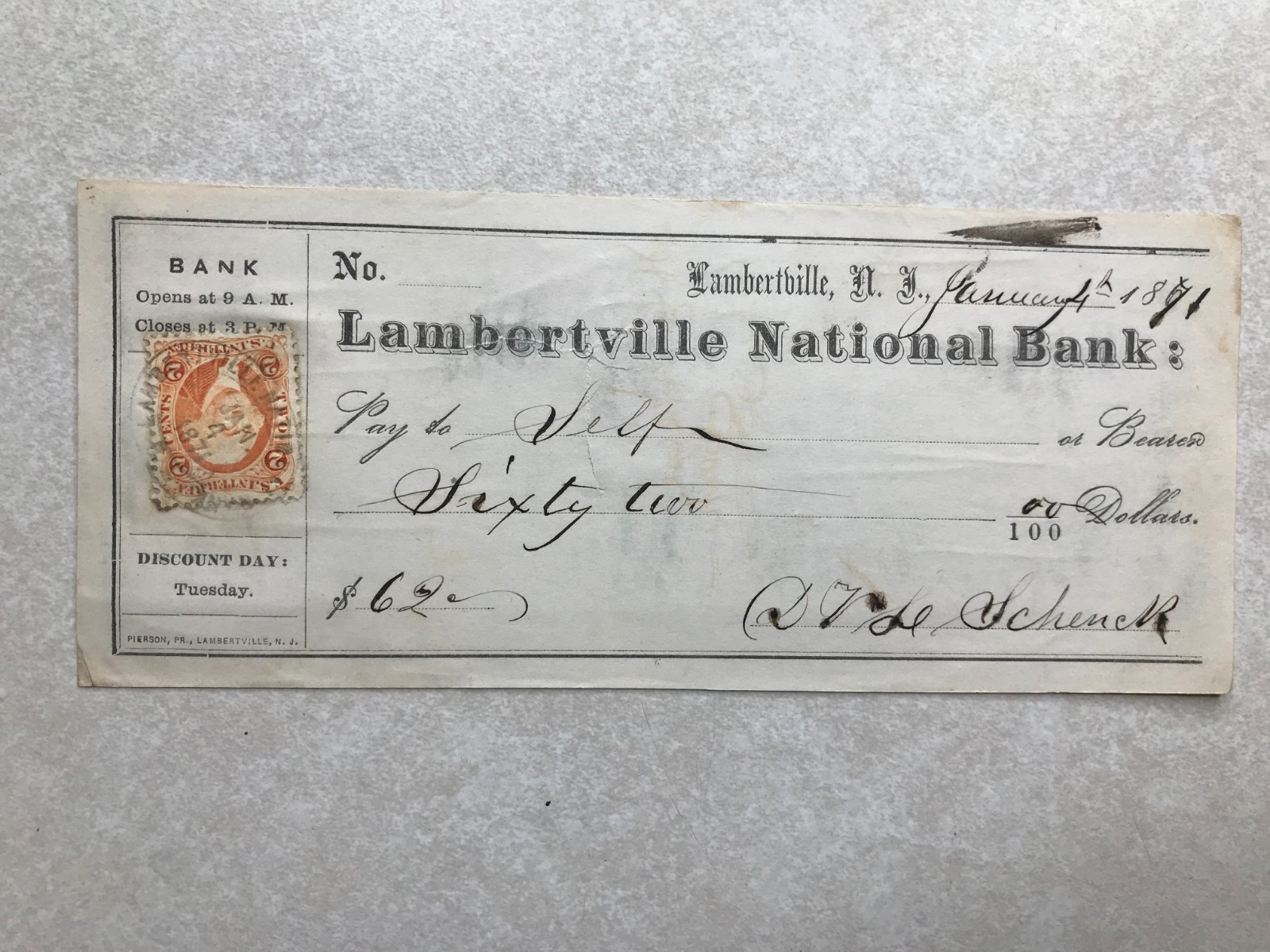 Lambertville National Bank, Lambertville NJ 1871 Check SBJ161