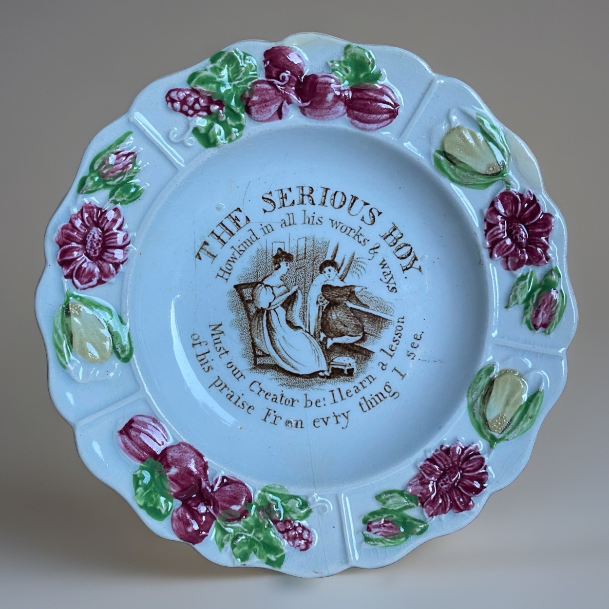 Antique 1800s Staffordshire Polychrome Child Floral Transfer Plate Victorian Old