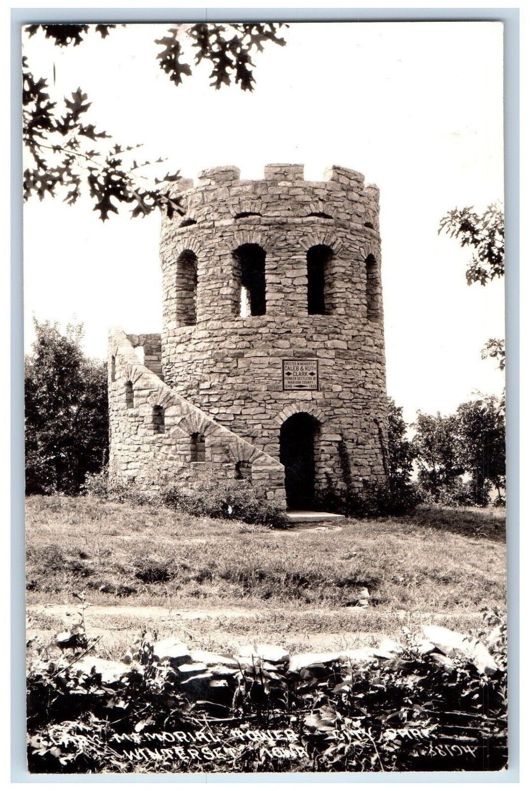 Winterset Iowa IA Postcard RPPC Photo Memorial Tower City Park c1940\'s Vintage