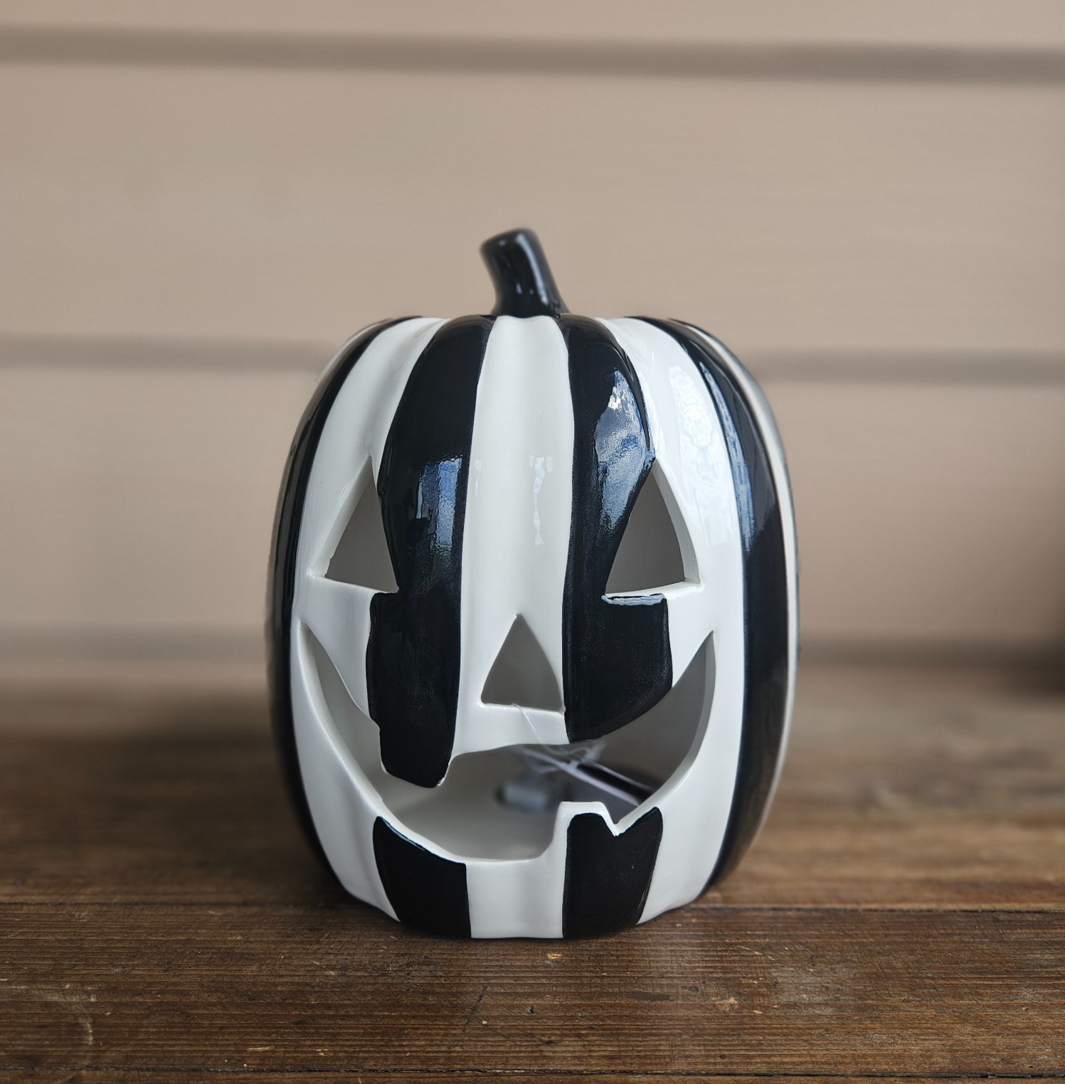Black & White Striped Pumpkin Ceramic Lighted Mackenzie Style Jack O\'Lantern