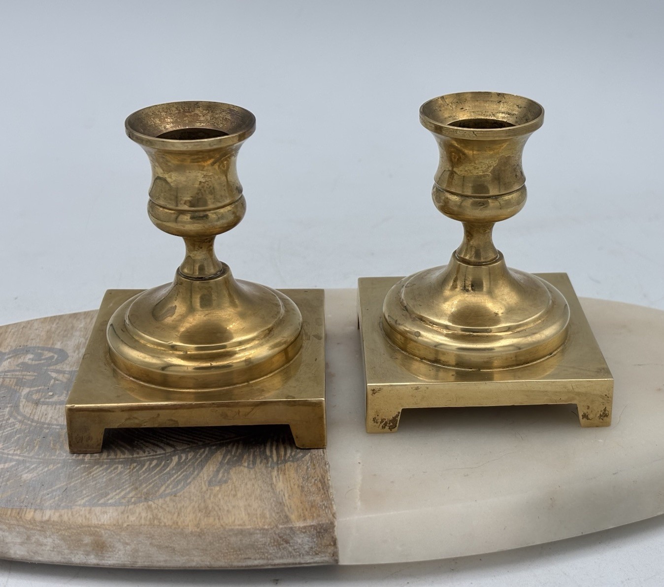 Vtg Small Solid Brass Taper Candlestick Holders - Square Footed Base 2.5” X 3.5”