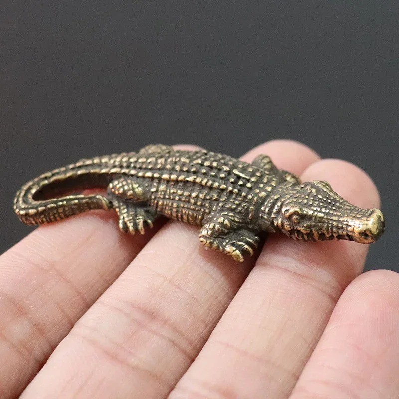 Antique Brass Crocodile Statue Mini Alligator Figurine Feng Shui Home Office Des