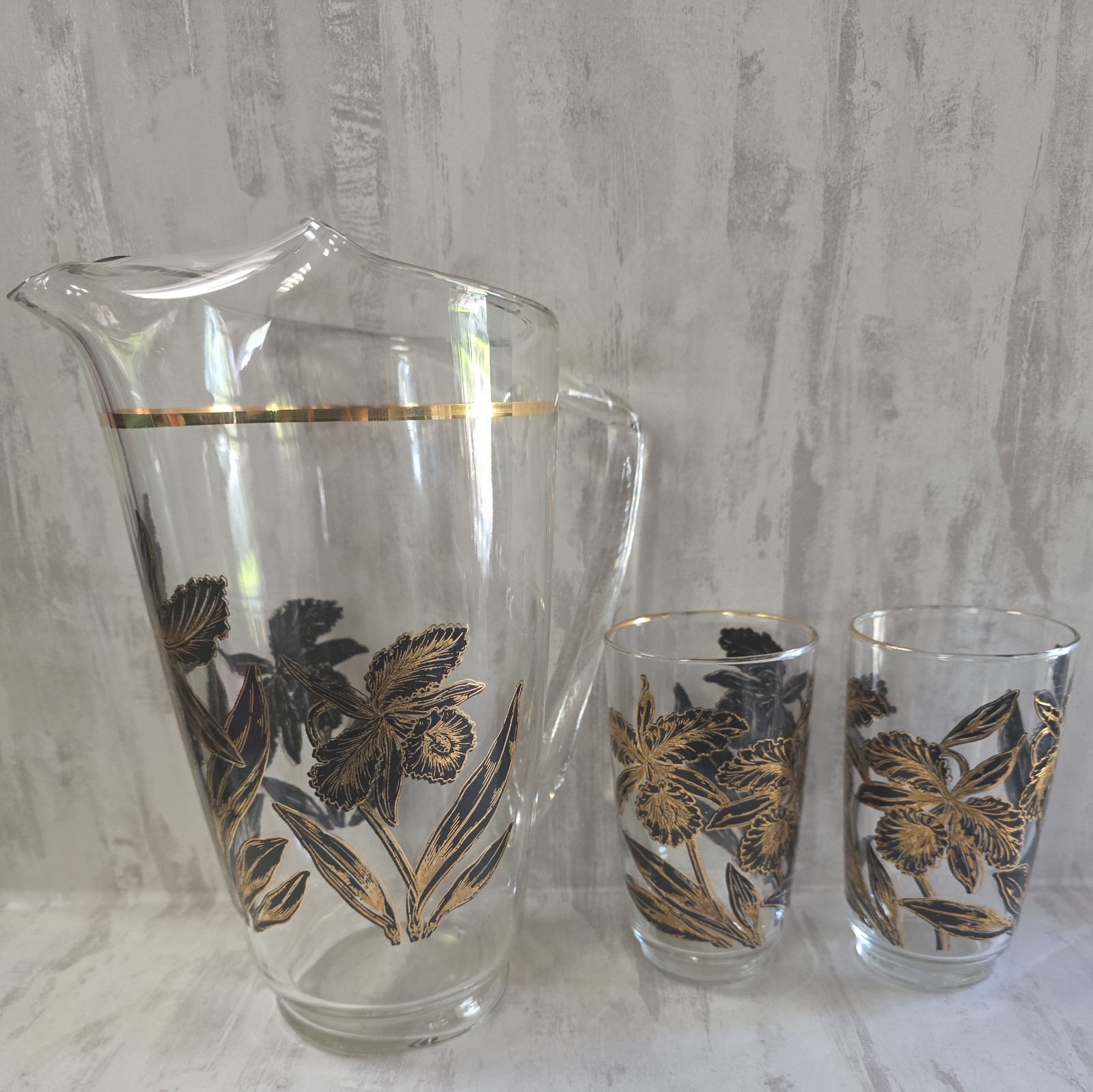 Vintage MCM 22KT Pitcher & two Glass black and Gold orchid