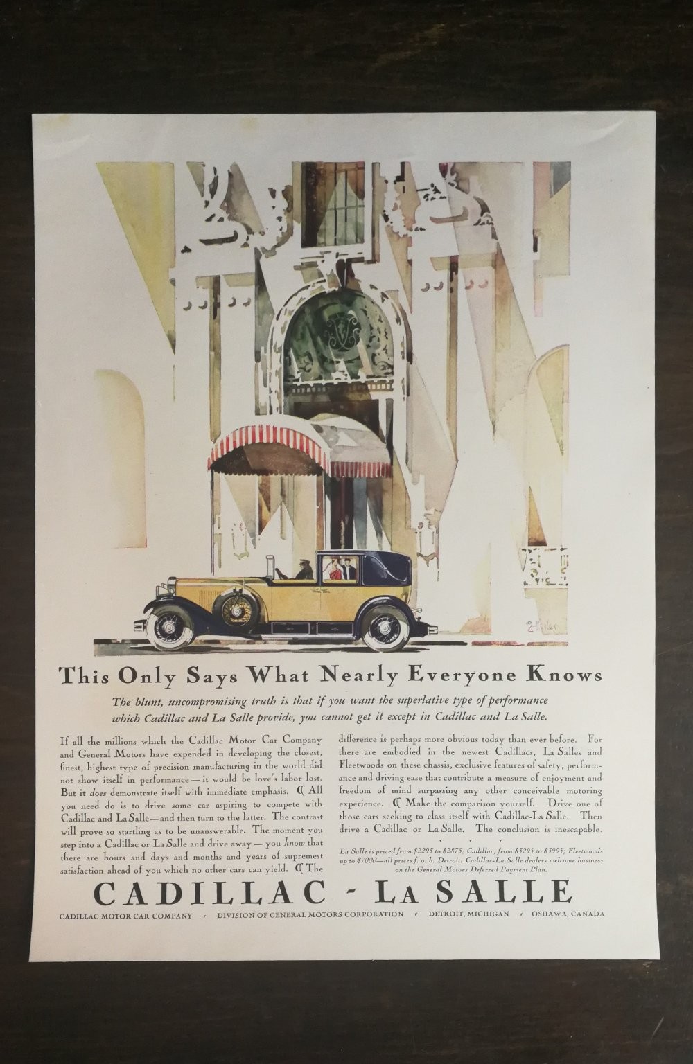 Vintage Cadillac-La Salle 1920s Yellow Car Artwork Full Page Original Ad