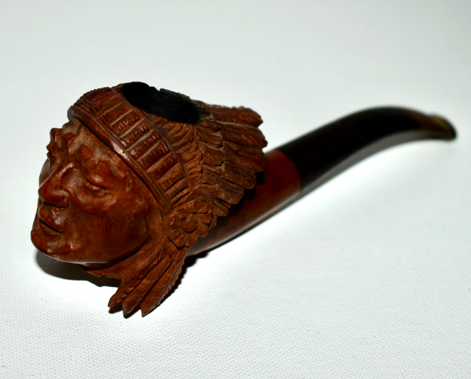 Vintage Hand Carved Wood Indian Chief Head Tobacco Smoking Pipe Figural Folk Art