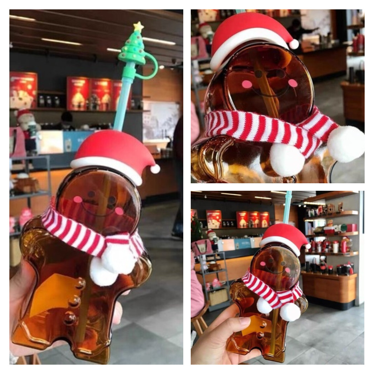 Starbucks Christmas Gift Gingerbread Man Shaped Glass Straw Cup with Topper Plug