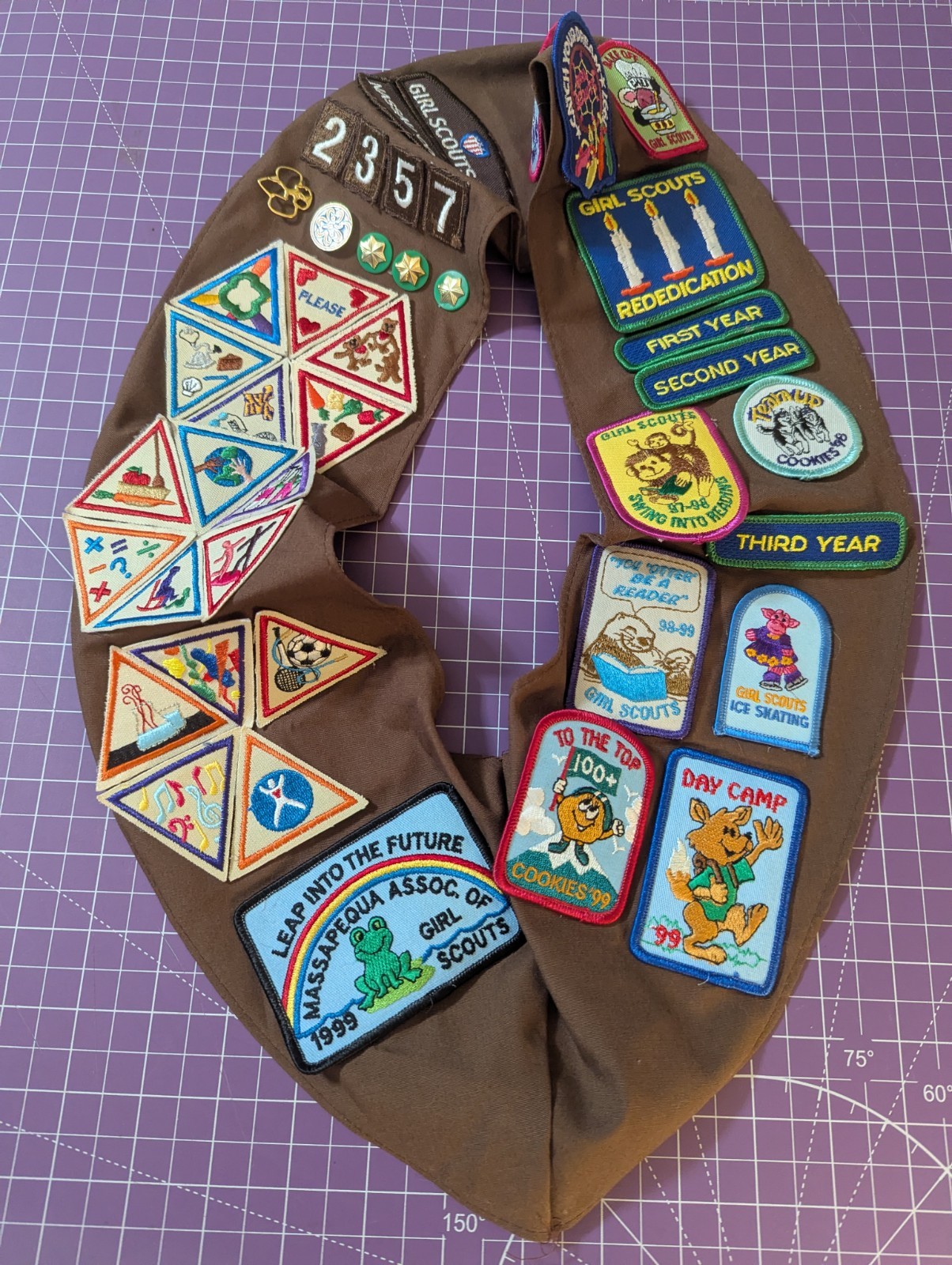 Vintage 1990s Girl Scouts Brown Junior Sash Nassau Council Troop 2357 Badges...