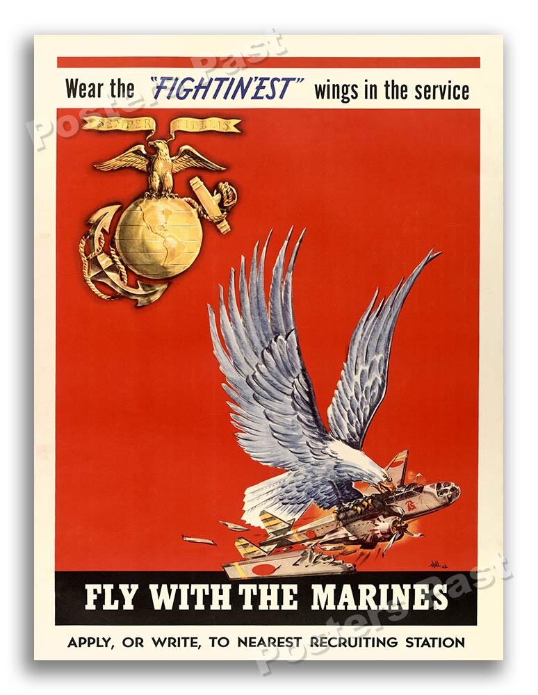 “Wear the Fightin’est Wings” Vintage Style 1942 WW2 Marines Poster - 24x32