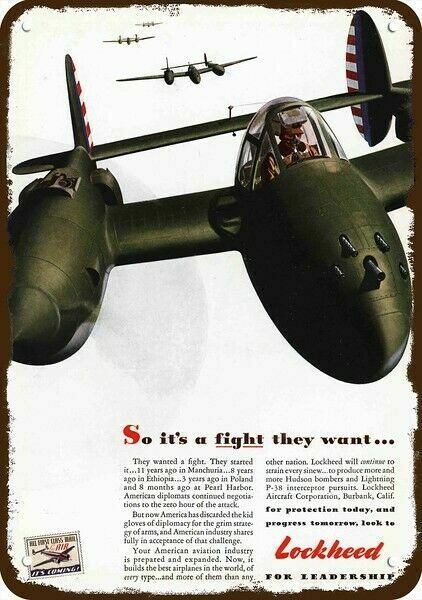 1942 LOCKHEED P-38 INTERCEPTOR Fighter Airplane DECORATIVE REPLICA METAL SIGN