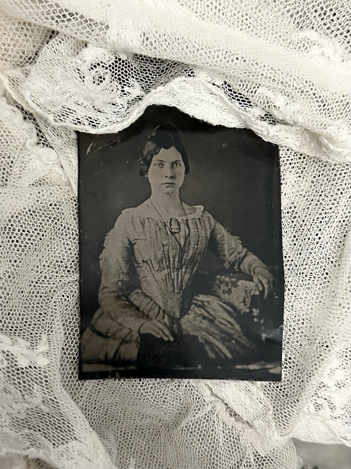 Victorian 1860s Tintype Photo Young Woman in Full Period Dress Pretty Girl