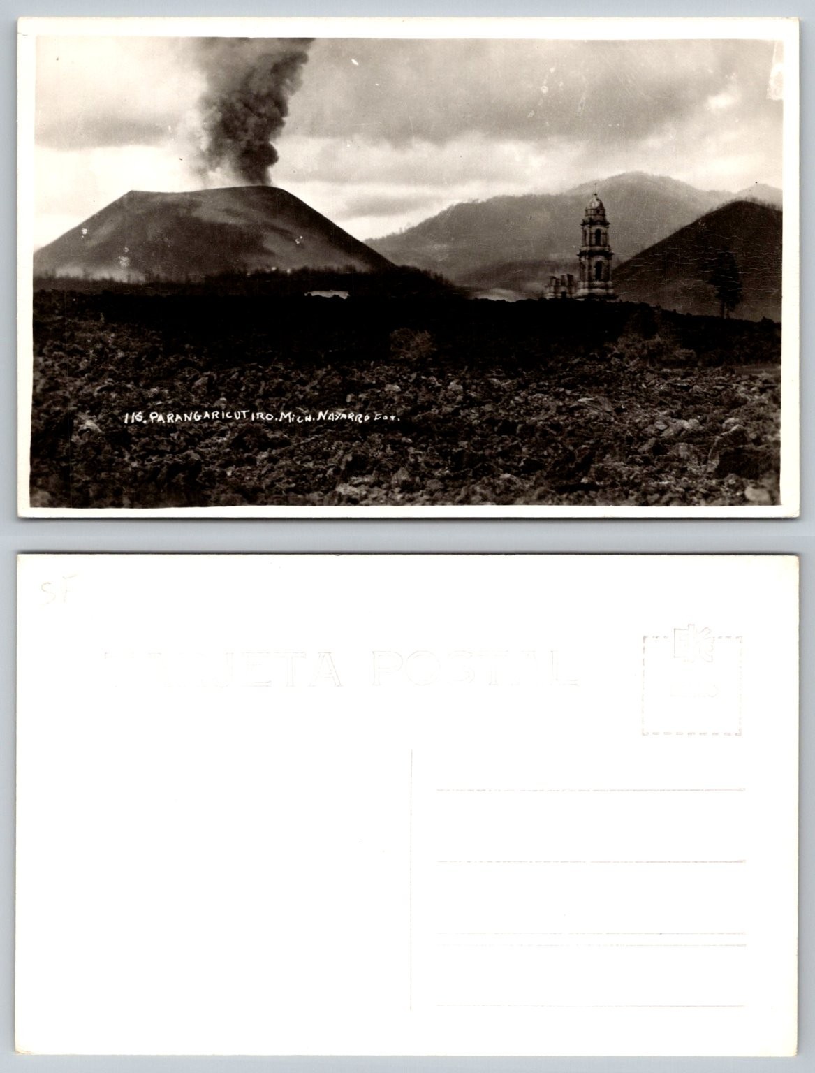RPPC Erupting Paricutin Volcano Mexico San Juan Parangaricutiro Church 1940s