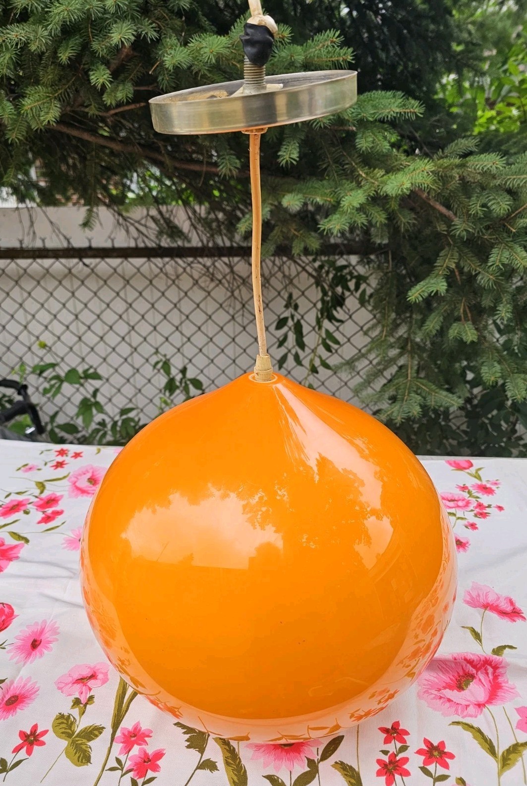 Vintage MCM Orange Cased Murano Glass Onion Globe Pendant Light Ceiling Fixture