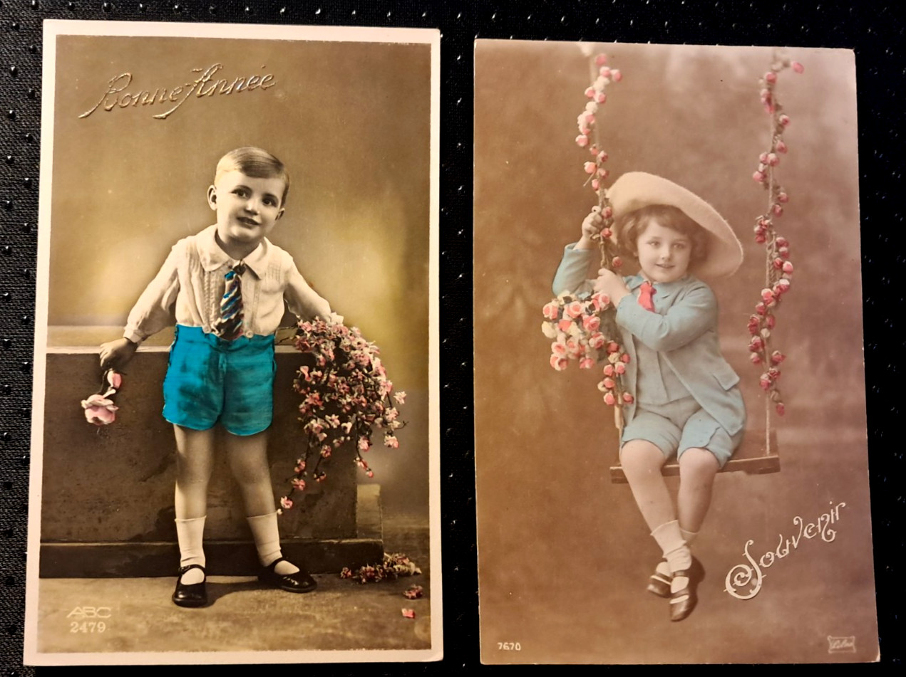 ANTIQUE Tinted Real Photo Postcard lot of 2 SWEET LITTLE BOYS w/pink flowers
