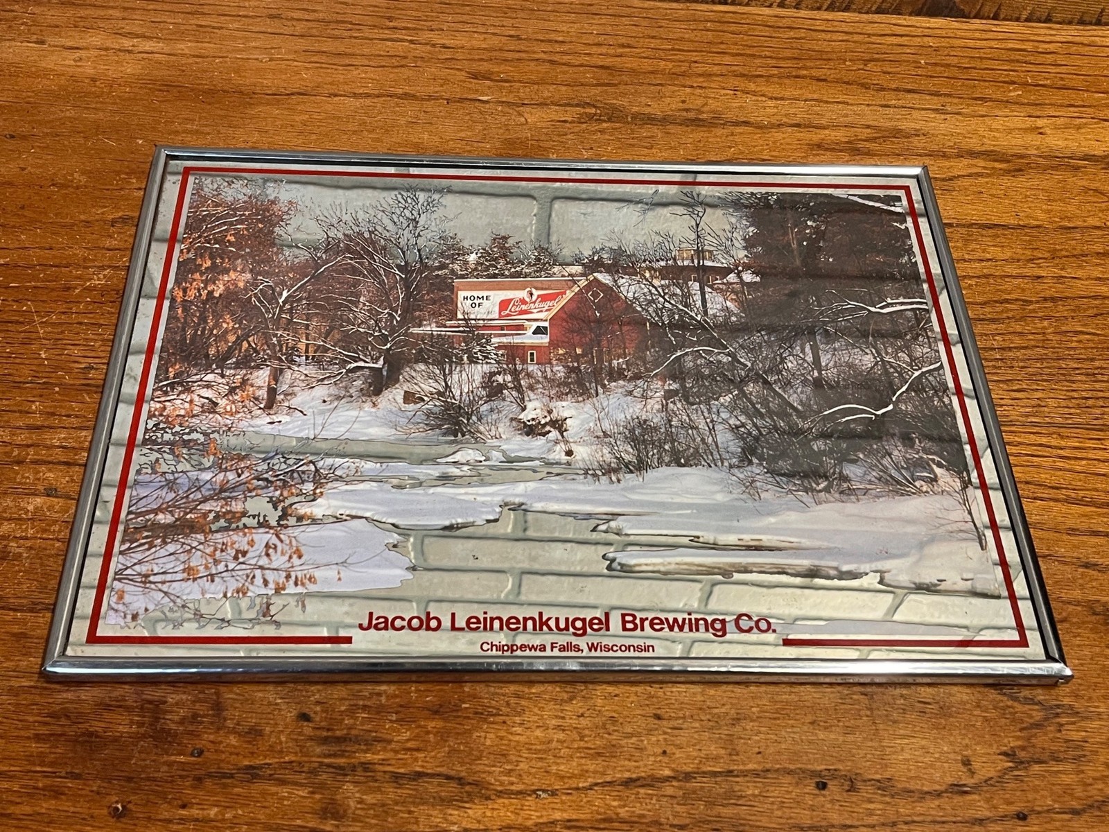 Vintage 1970s Leinenkugel Brewing Co Beer Mirror Winter Scene Sign Chippewa Fall