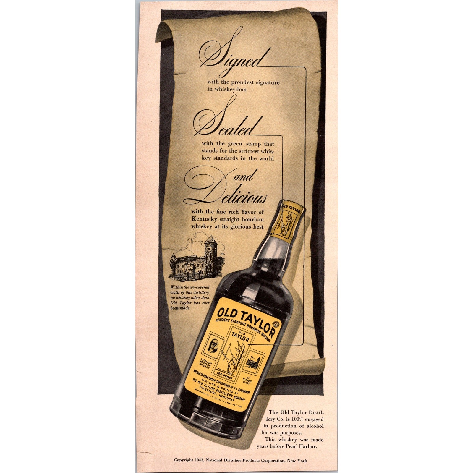 National Distillers Products Corporation Old Taylor NY 1940s WWII Era Ad SV28-3