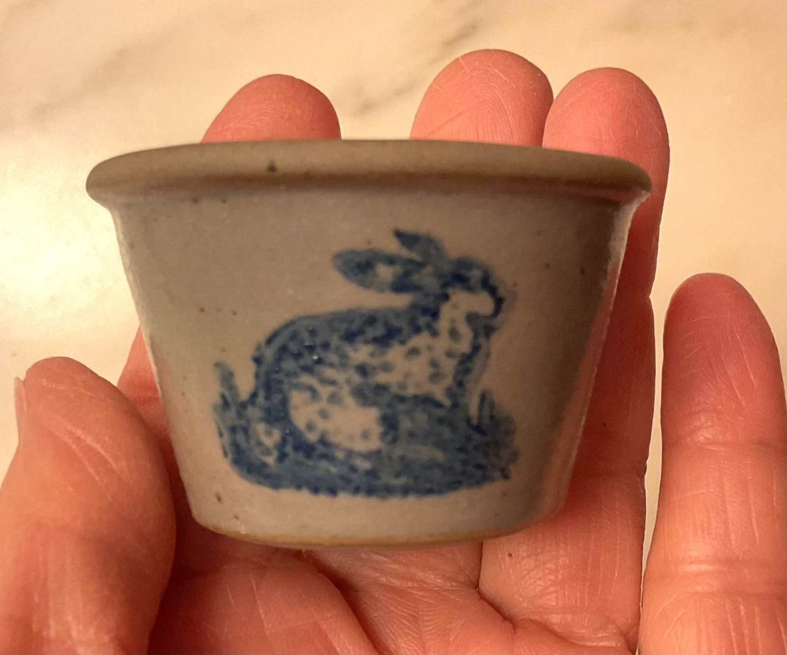 vintage mini crock, salt glazed with rabbit in blue
