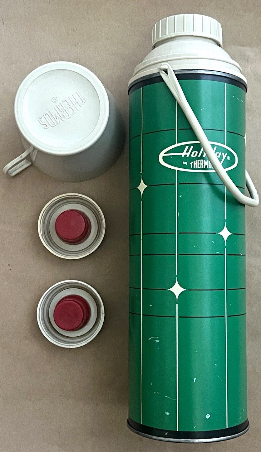 Thermos Holiday Green Metal Thermos Bottle w/Handle, Cup, & Stoppers • VINTAGE 