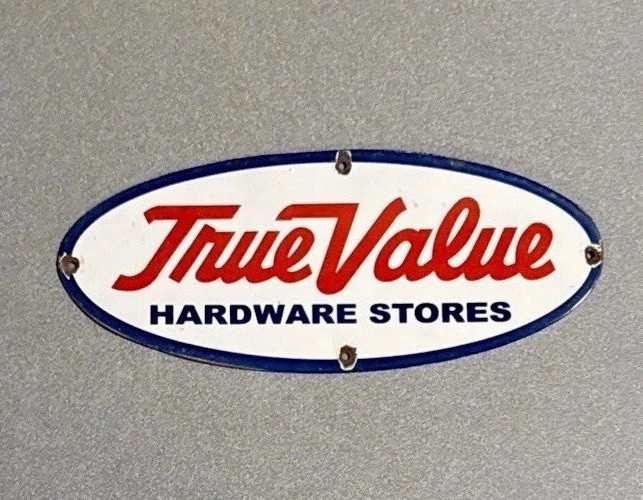 VINTAGE 12” TRUE VALUE HARDWARE PORCELAIN SIGN CAR GAS OIL TRUCK MOTORCYCLE
