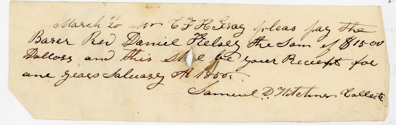 1855 Handwritten Payment Rev. Daniel Halsey Signed Samuel D. Wetmore Collector