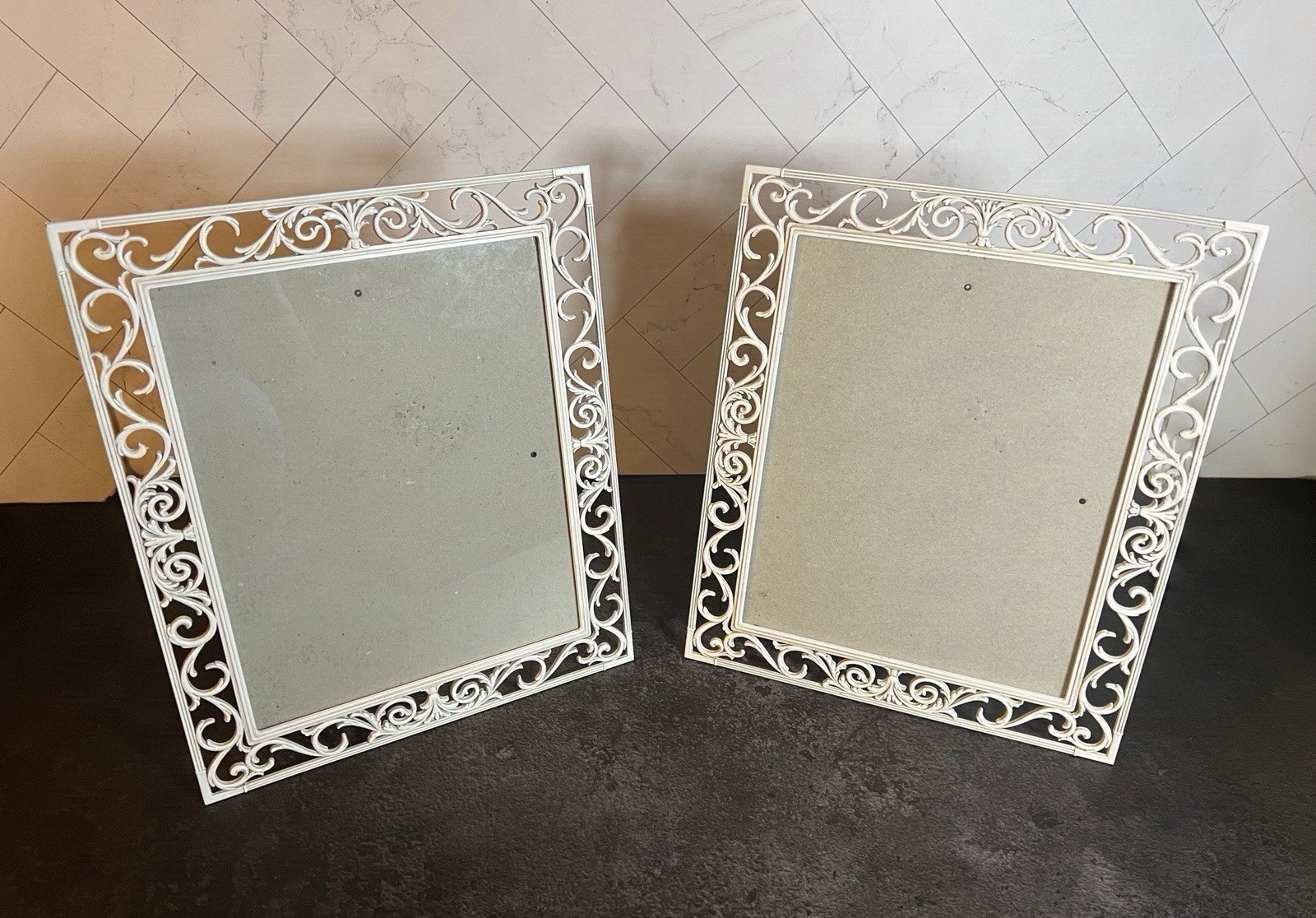Vintage Pair Of White Filigree Metal Picture Frames Shabby Chic Design 8” x 10”