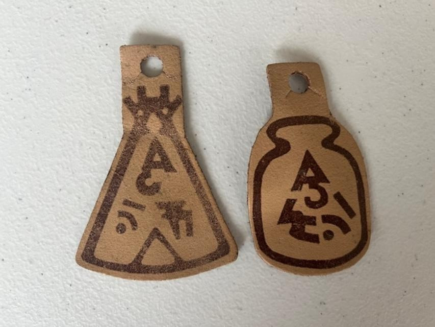 2 Vintage 1969 Boy Scouts Leather Button Tags Eagle Indian Camp