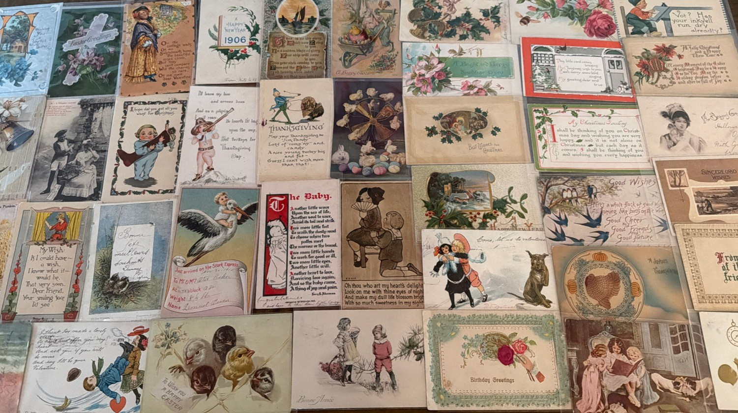 ~Lot of 43 Antique 1900\'s~Mixed Topics Greetings Postcards~All with stamps-s702