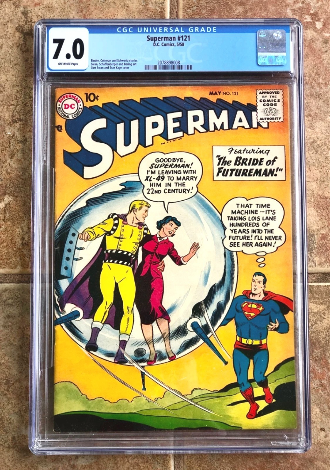 Vintage 1958 SUPERMAN #121 DC-National CURT SWAN Stan Kaye CGC 7.0 OW Pages
