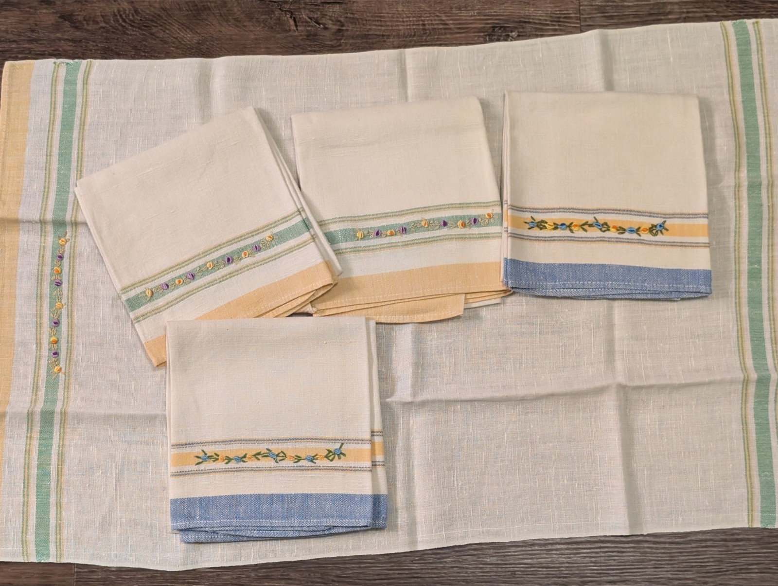 Vintage Linen‑Weave Toweling Stripe Blue Yellow Green 70cm x 42cm