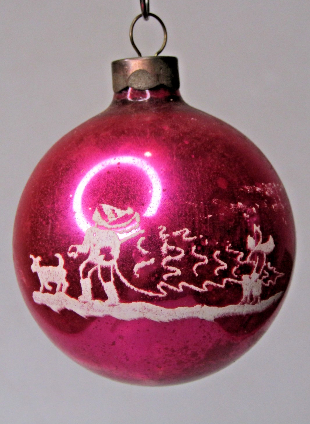 VTG pre WWII Glass Pictured BOY CARRY TREE w DOG BALL Christmas Ornament US of A
