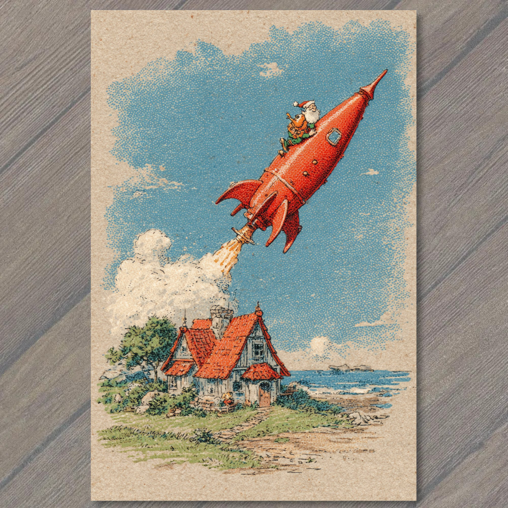POSTCARD Santa Claus Riding Red Rocket Over Cottage Retro Christmas Fantasy