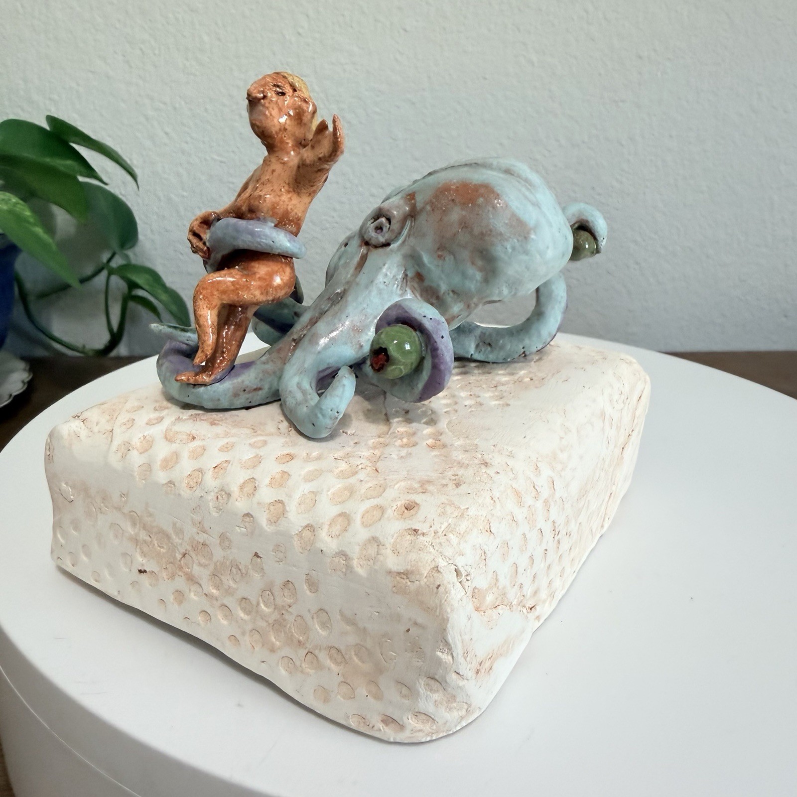 Studio Pottery Octopus & Olives Handmade Painted Vintage Display