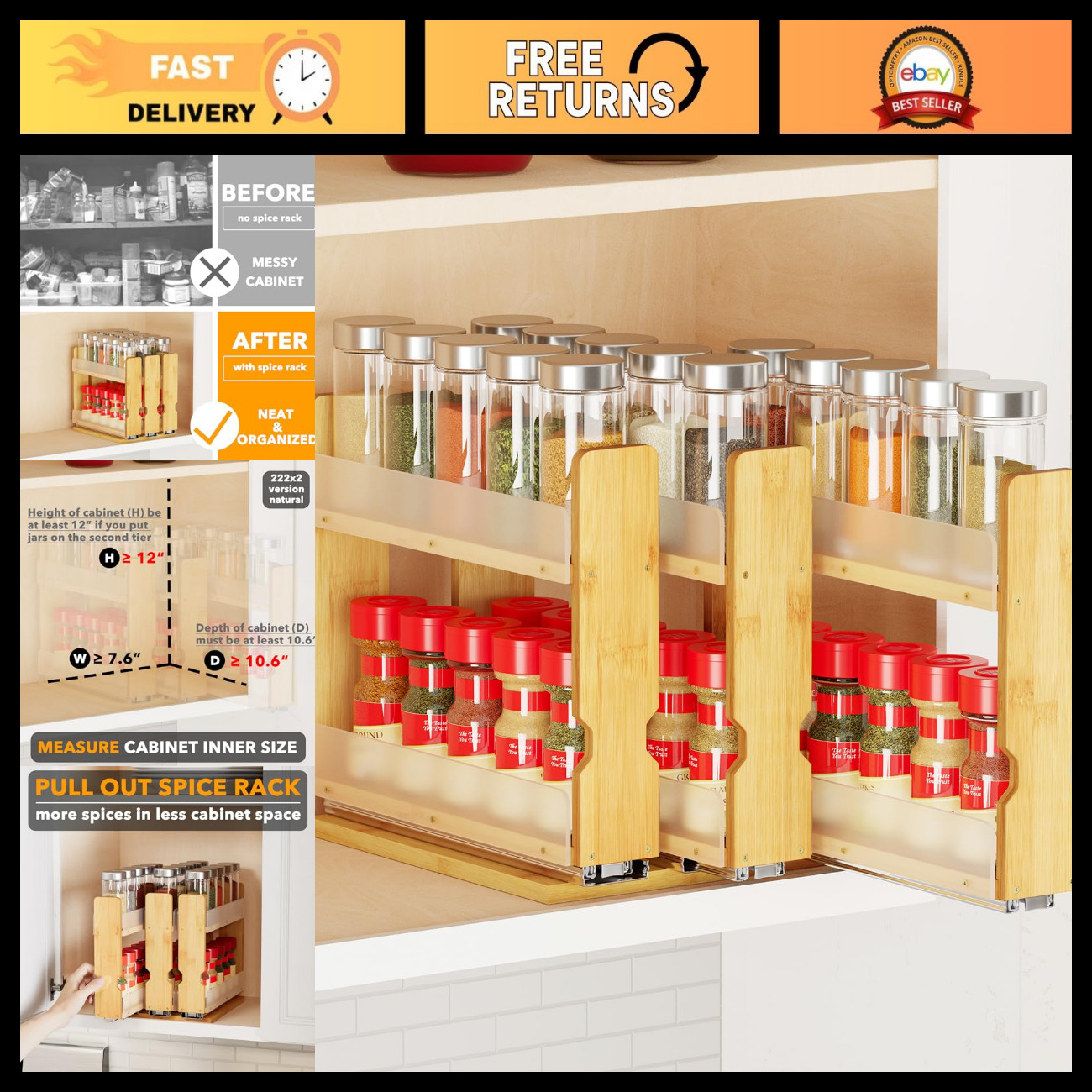 SpaceAid Bamboo Pull Out Spice Rack Organizer for Cabinet, Heavy Duty Slide Out