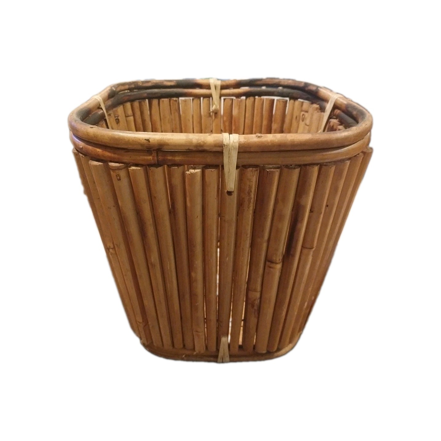 Vintage Mid Century Pencil Reed Bamboo Basket Planter Tiki Trash Can Weighted