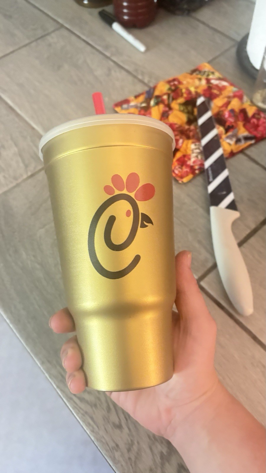 Chick-fil-A Gold Reusable Advertising Cup w/ Lid & Straw 