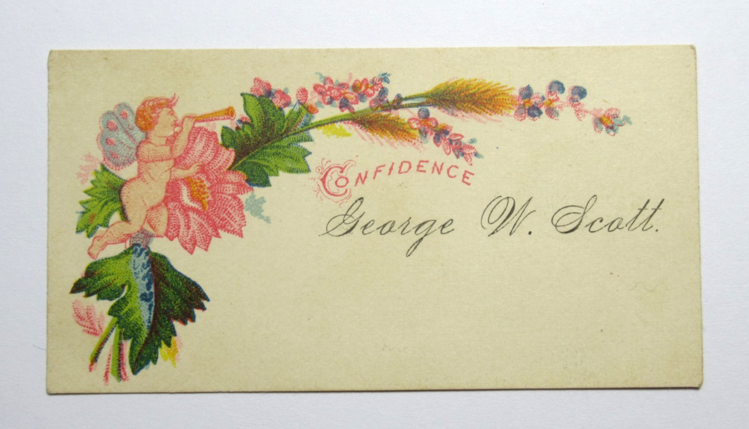 Antique Victorian Calling Card George W Scott Cupid Angel Floral Confidence Art
