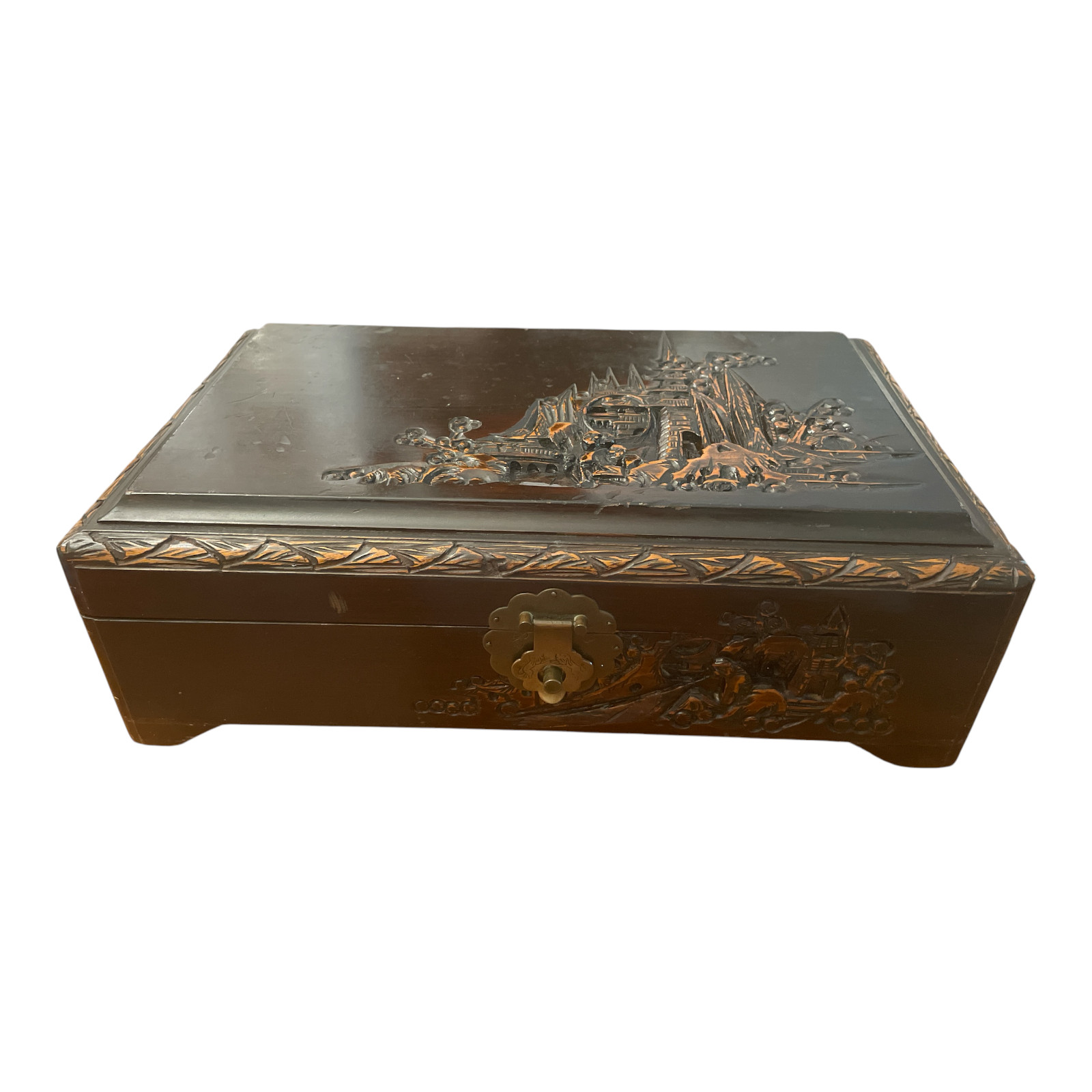 Vtg Chinese Handcarved Relief Camphorwood Mirrored Keepsake Jewelry Chest 14\