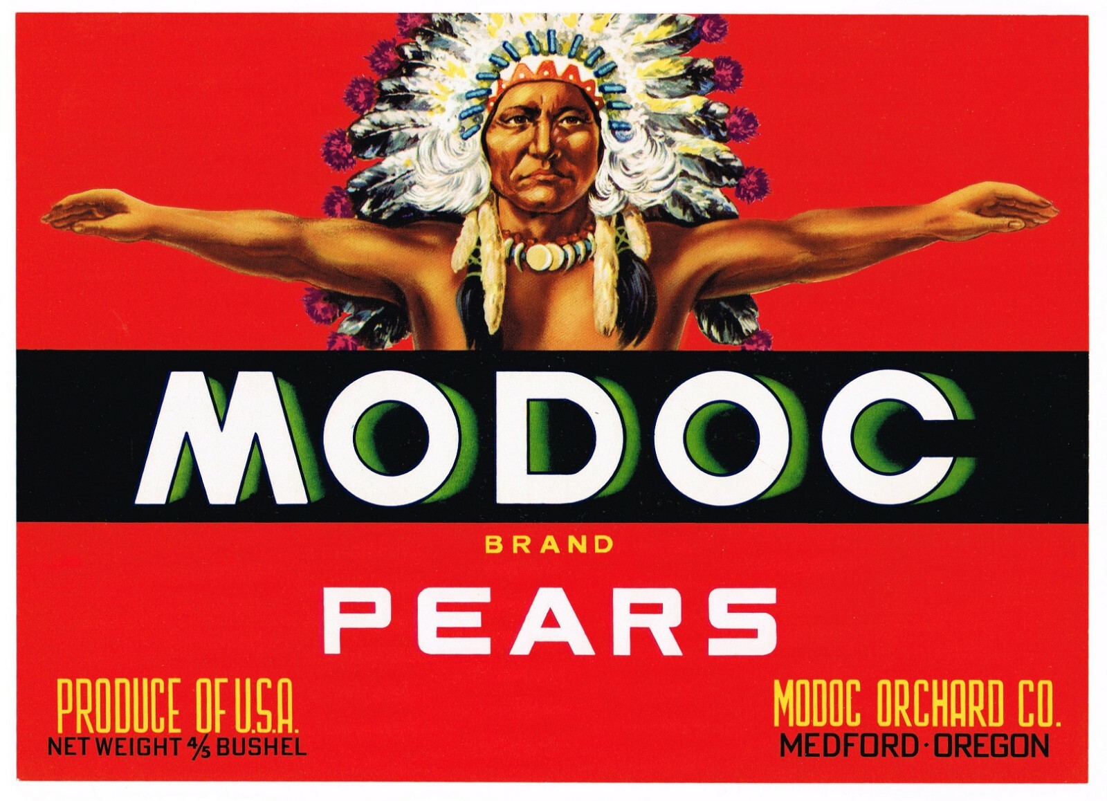 ORIGINAL CRATE LABEL VINTAGE MODOC NATIVE AMERICAN INDIAN MEDFORD OREGON C1960S 