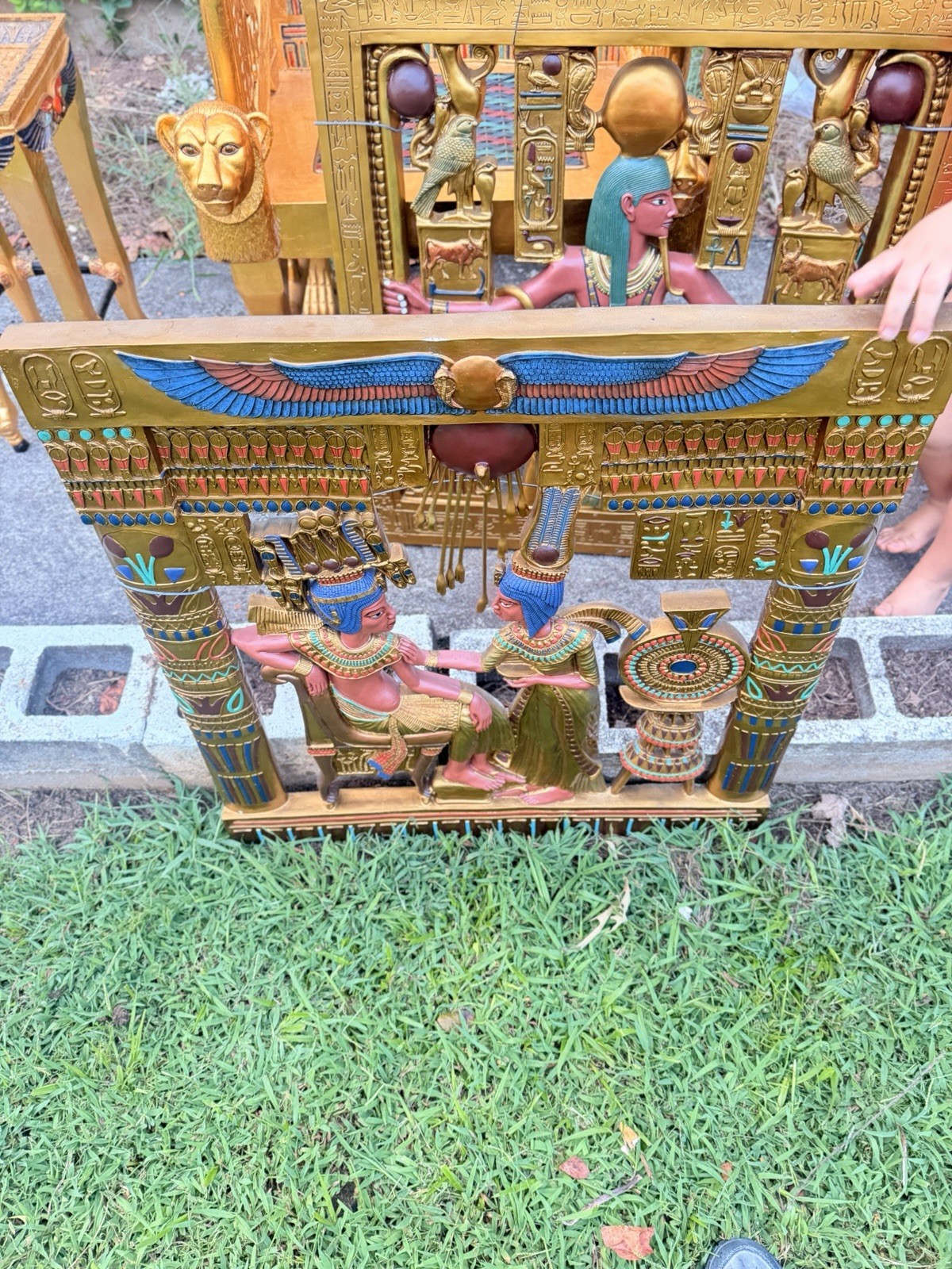 Egyptian Themed Decorative Chair & Side Table Set with Wall Art Hieroglyphics