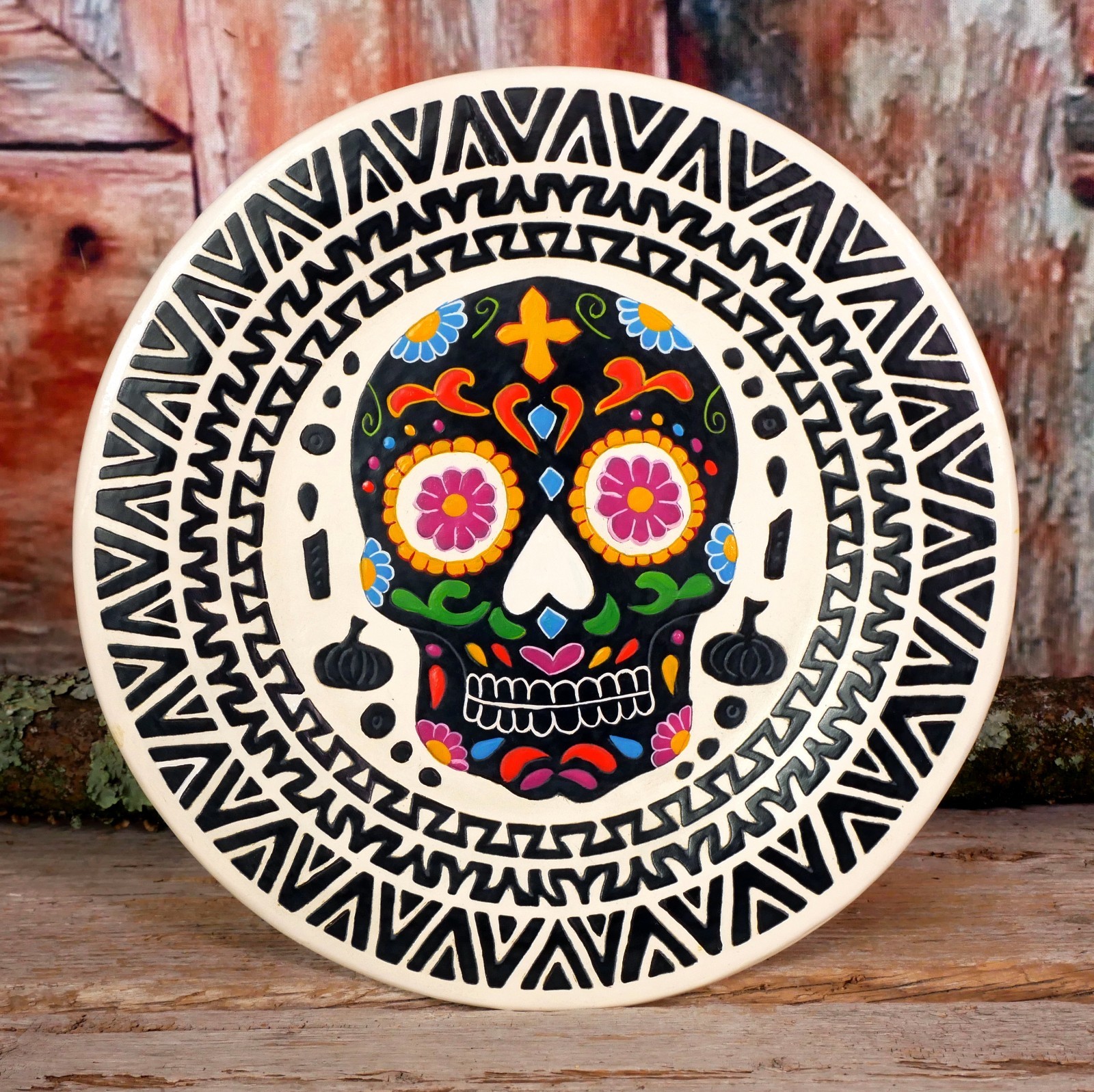 Day of the Dead Sugar Skull Handmade Lacquer Wood Plate Olinalá Mexican Folk Art