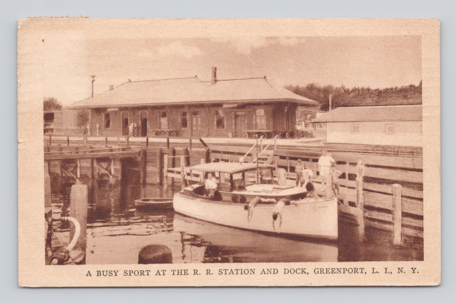 Postcard R.R. Station and Dock Greenport L.I. NY ~ 1931