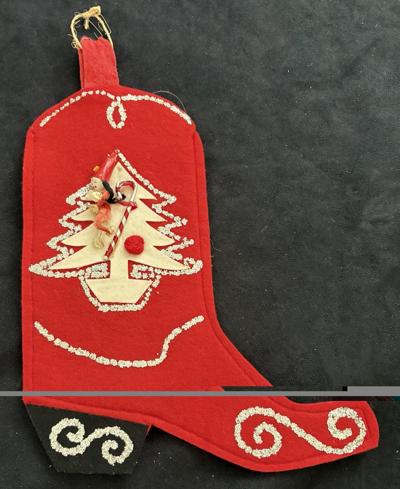 Vintage Handmade 3D Elf Candy Cane Holiday Stocking Glitter Tree Victorian Heel