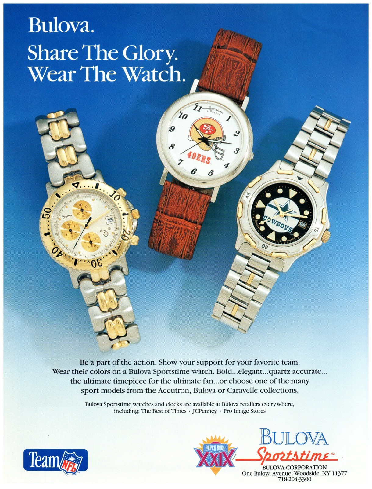 1995 PRINT AD, Bulova Sports time Team NFL 49ers Cowboys Super Bowl XXIX Ad