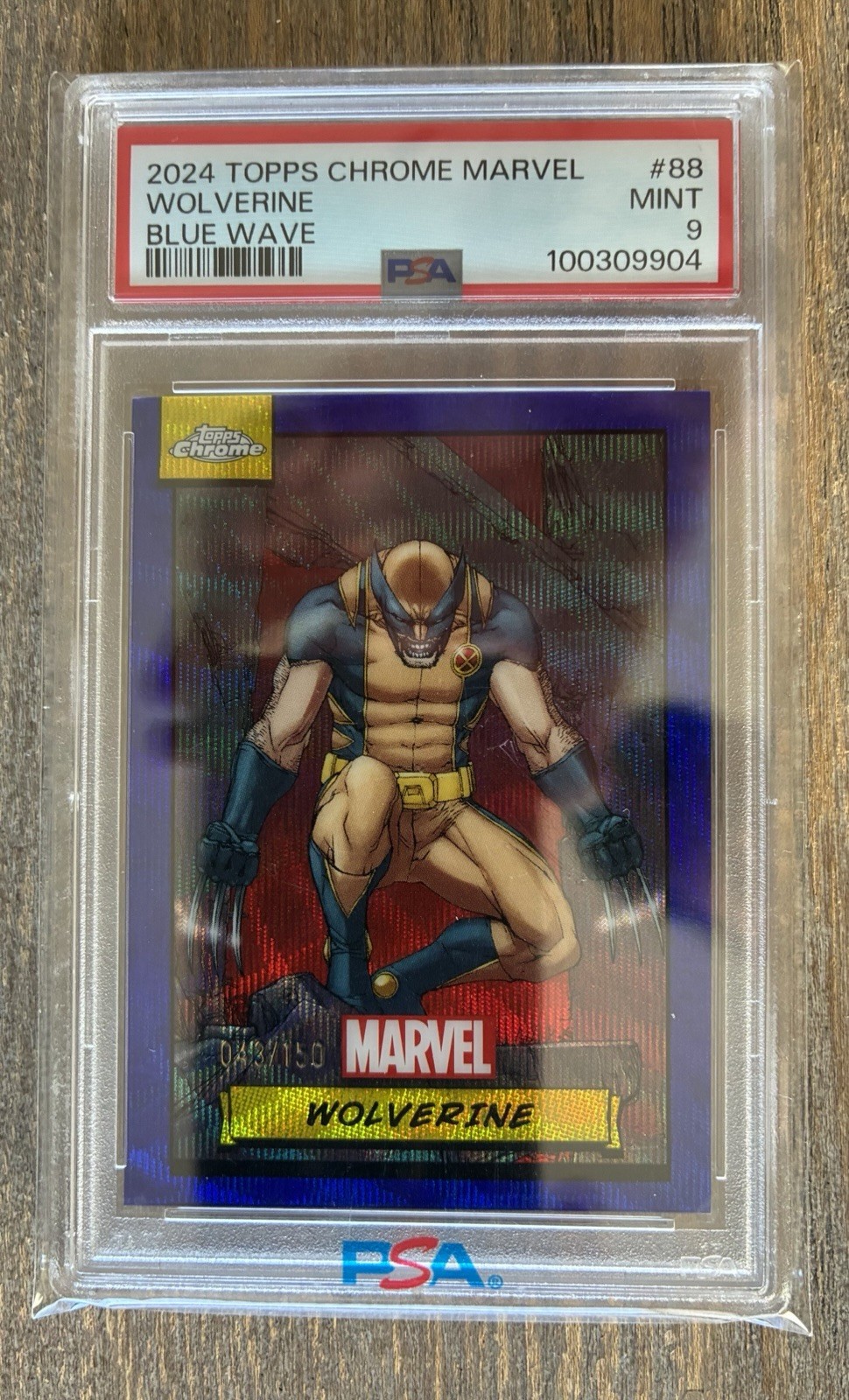 2024 Topps Chrome Marvel Wolverine Blue Wave 43/150 PSA 9 