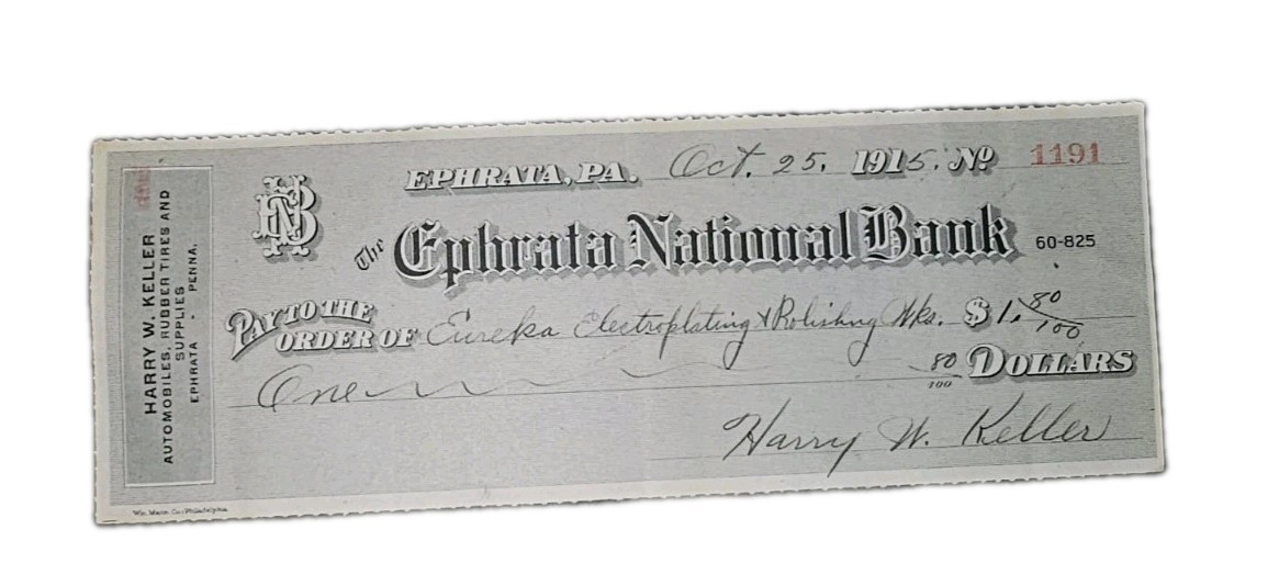 ​Vintage 1915 Ephrata National Bank Check Harry W. Keller Auto Tires Ephemera